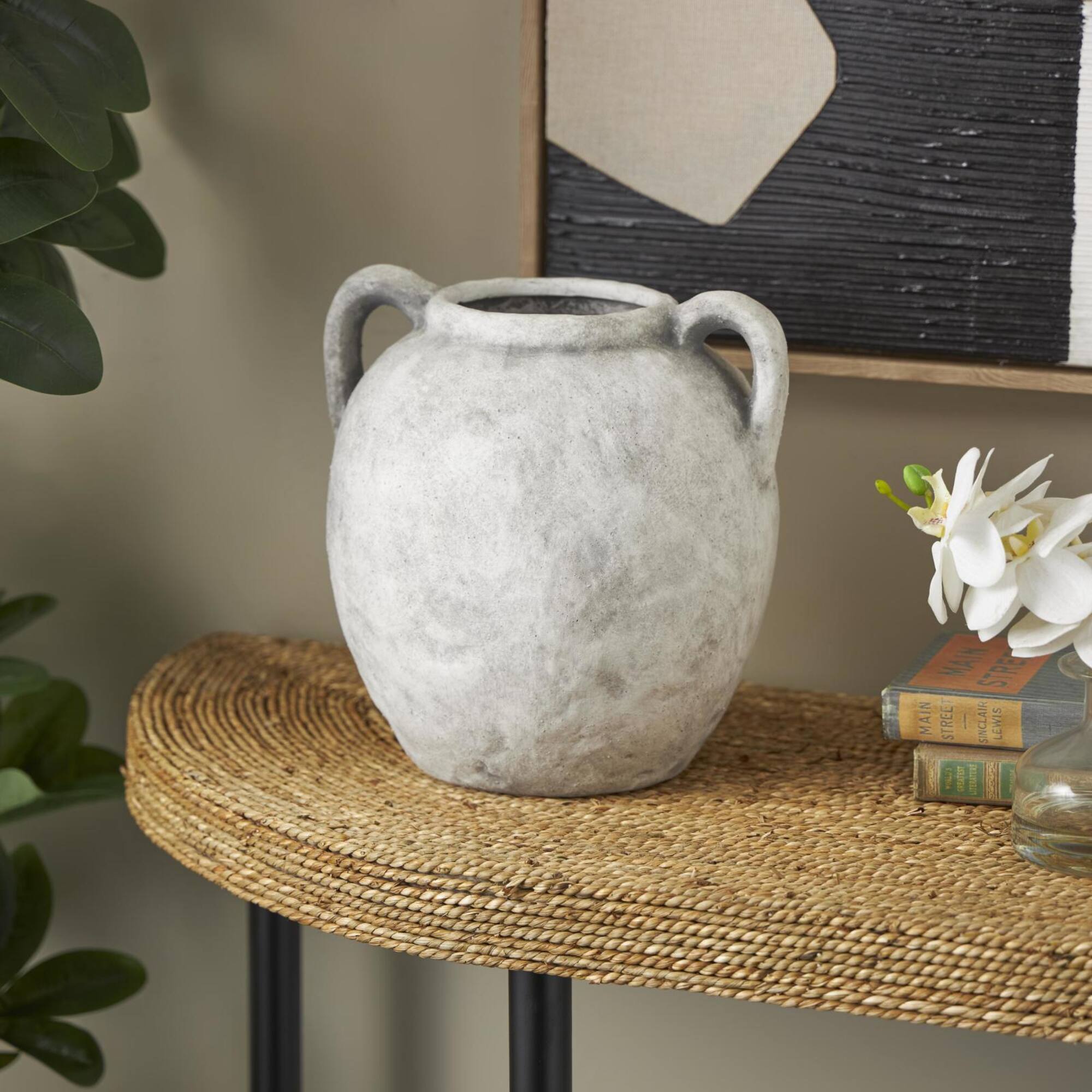 10.5" White Ceramic Antique Style Textured Vase with Black Shadings & Handles
